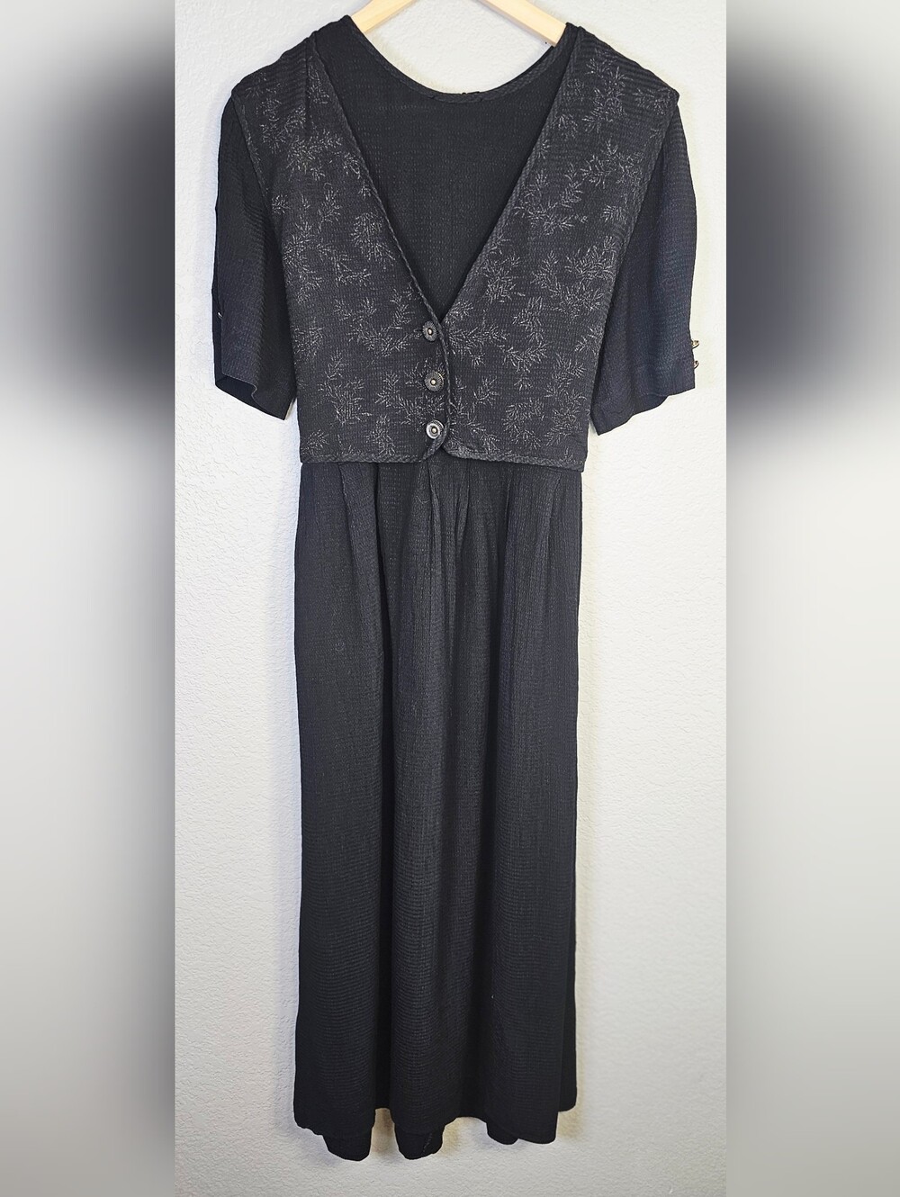Vintage 80s 90s J.B.S. Ltd Black Maxi Dress Tie Back Shoulder Pads Womens
